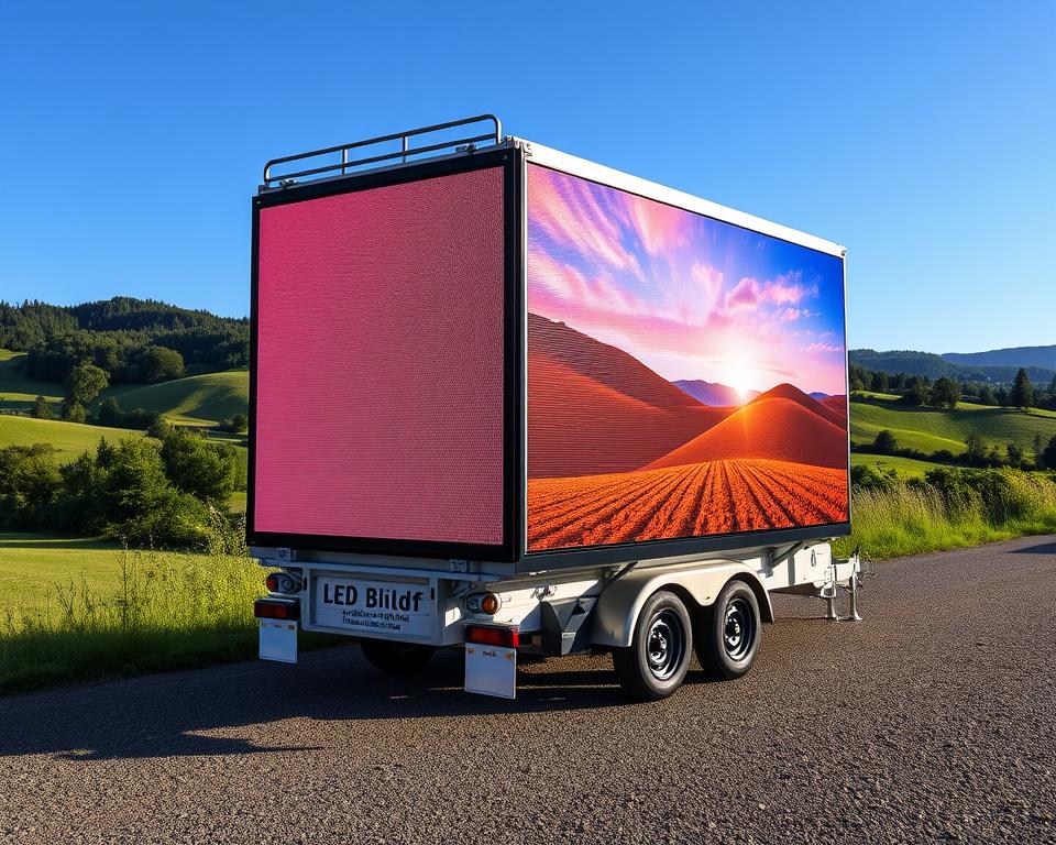 High-resolution photograph of a large LED display screen mounted on the rear of a trailer, parked in a scenic outdoor setting in the Limburg region. The LED screen is from the "Ledscherm op aanhangwagen limb" brand and showcases vibrant, high-quality visuals. The trailer is situated in a well-lit area, casting long shadows and creating a sense of depth. The background features lush greenery, rolling hills, and a clear blue sky, evoking the picturesque countryside of Limburg. The overall scene conveys a professional, reliable, and cost-effective solution for outdoor LED advertising in the region.