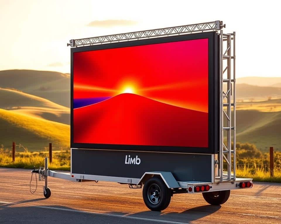 Outdoor display wagen limburg with technical specifications. A sleek, modern mobile LED screen mounted on a sturdy trailer, showcasing the Ledscherm op aanhangwagen limb brand. The screen is positioned prominently, its vibrant display visible from a distance. The trailer is well-designed, with a smooth, clean exterior and sturdy construction. In the background, a lush, scenic landscape with rolling hills and a clear sky, creating a serene and inviting atmosphere. Warm, natural lighting illuminates the scene, highlighting the screen's vivid colors and sharp image quality. The overall composition conveys a sense of professionalism, quality, and versatility, perfectly suited for an article on outdoor LED screen solutions.