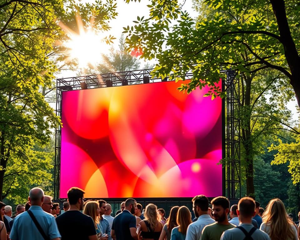Outdoor event LED screen rental in Limburg region: A vibrant, high-resolution "Led scherm huren limburg" display showcased in a lush, verdant park setting. Warm afternoon sunlight filters through the trees, casting soft shadows and highlighting the screen's crisp, vivid imagery. Event attendees gather around, captivated by the dynamic visual presentation. The screen's sleek, modular design blends seamlessly with the natural environment, creating an immersive and engaging experience for the audience. Cutting-edge technology meets the great outdoors, offering a versatile and reliable solution for outdoor events in the Limburg area.