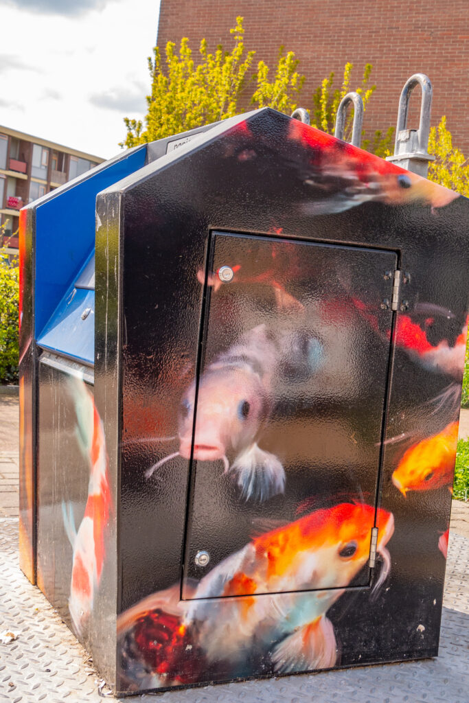 In close up zie je de koikarpers zwemmen. Het lijkt wel alsof je naar een aquarium kijkt. Met het opvallende beeld willen ze voorkomen dat bewoners hun afval dumpen naast de containers.