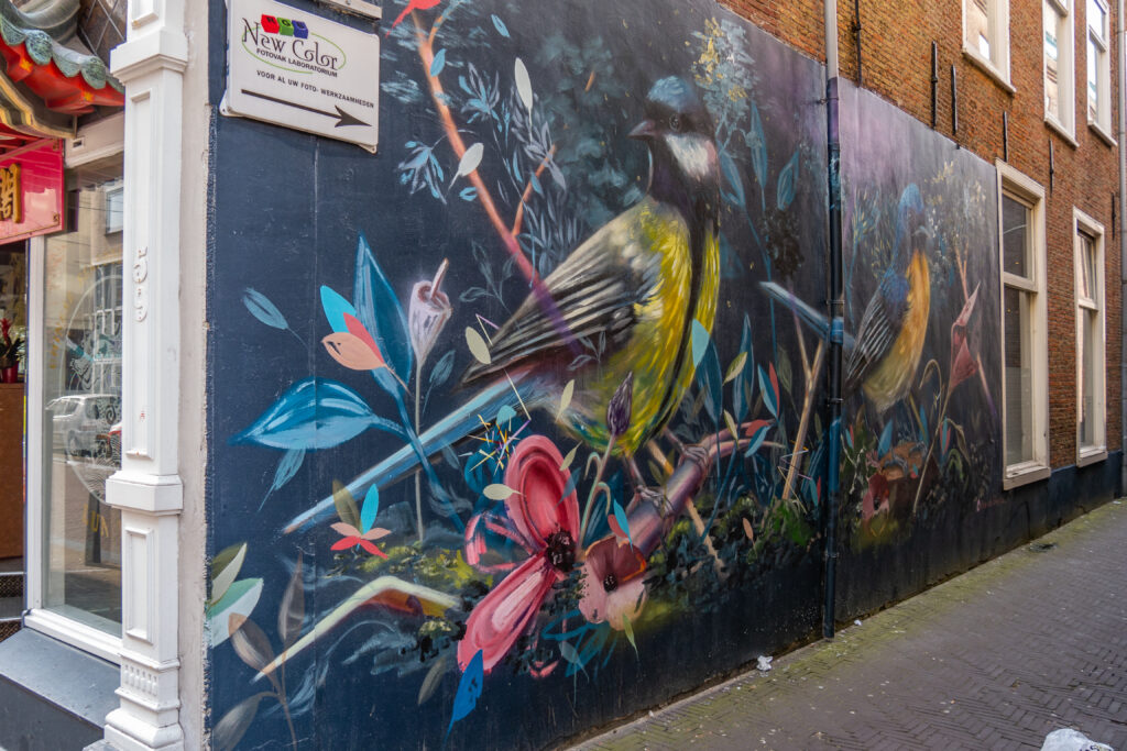 de geschiedenis van de voormalige Joodse wijk en het hedendaagse Chinatown. Op de muur staan twee grote vogels tussen de bloemen geschilderd.