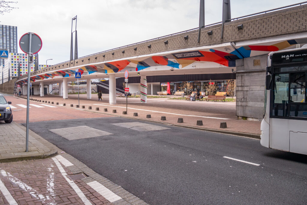 De dynamiek van Laakhavens.
De onderkant van het viaduct is beschilderd met abstracte vormen die de dynamiek van Laakhavens symboliseren want er is veel veranderd in dit gebied de laatste jaren en er gaat nog veel veranderen. Het viaduct gaat ooit gesloopt worden en dan verdwijnt ook dit Street Art werk maar vooralsnog is het viaduct een beetje mooier.