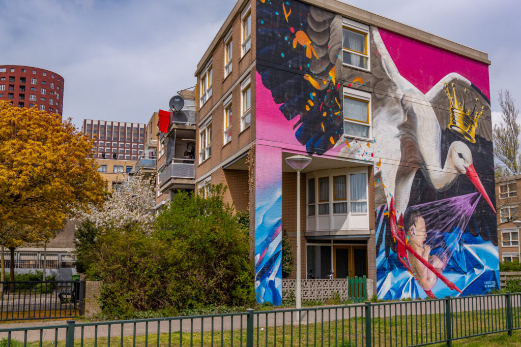 Een Haags tafereel op deze mural. De Ooievaar is het symbool (en mascotte) van Den Haag en brenger van het geluk. Een baby en kroon omdat Den Haag de stad is waar de Nederlandse koning het grootste deel van de tijd werkt en woont. Ze willen ook laten zien dat elk kind koning kan worden.