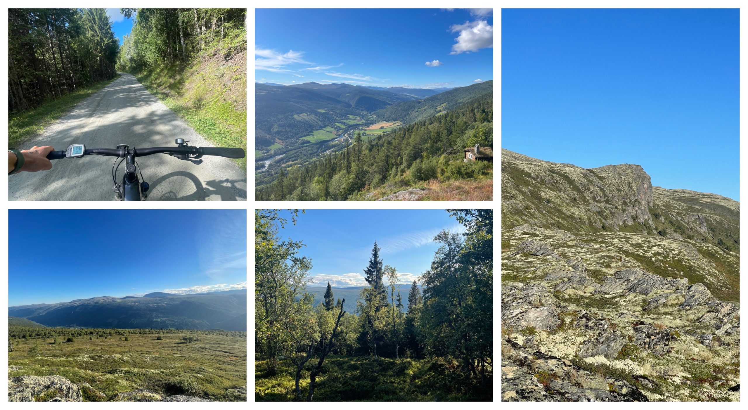 Photo collage of biking and hiking around the Heidal area depicting beautiful mountains and forests