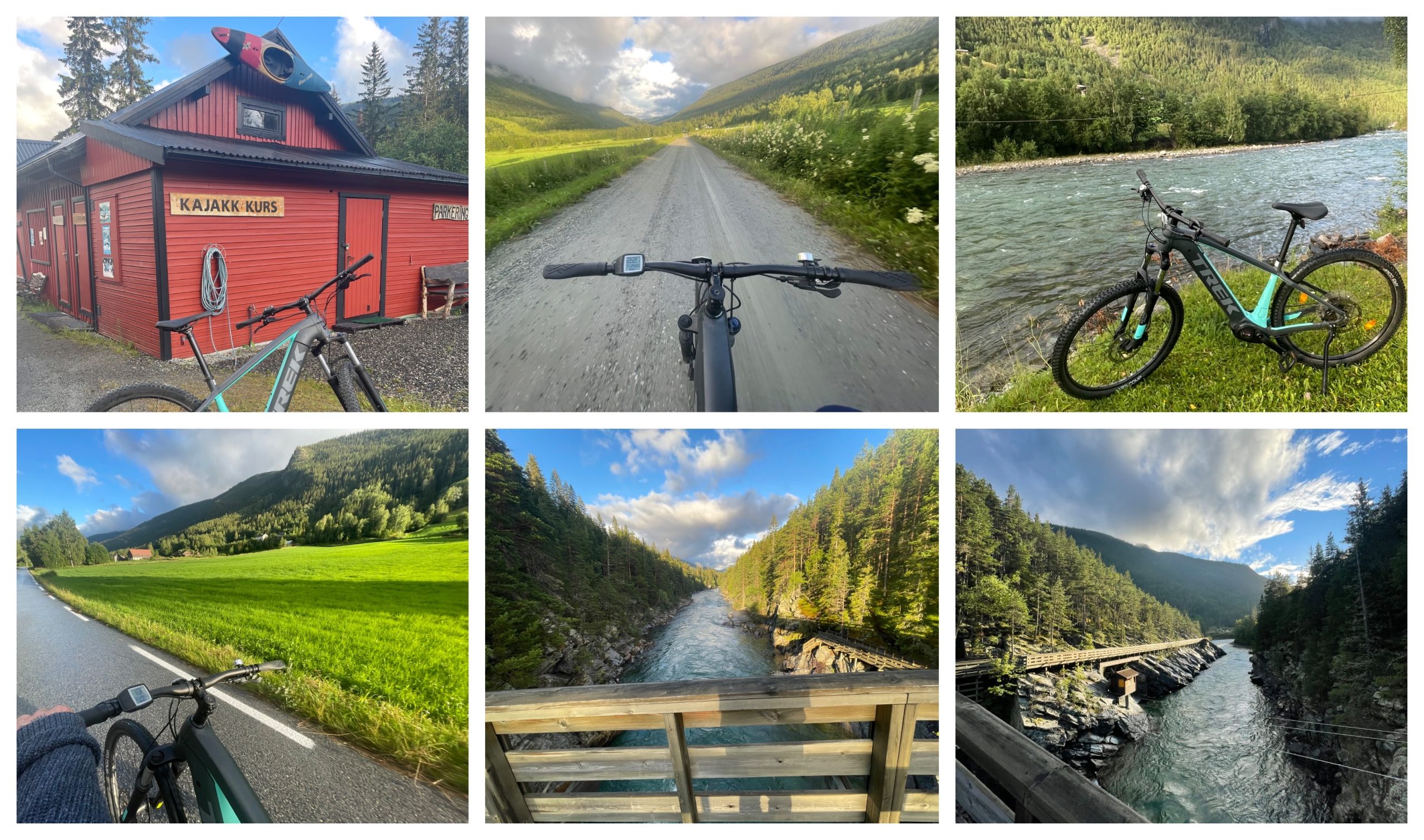 Photo collage of biking to the Åmot bridge that crosses over the Sjoa River