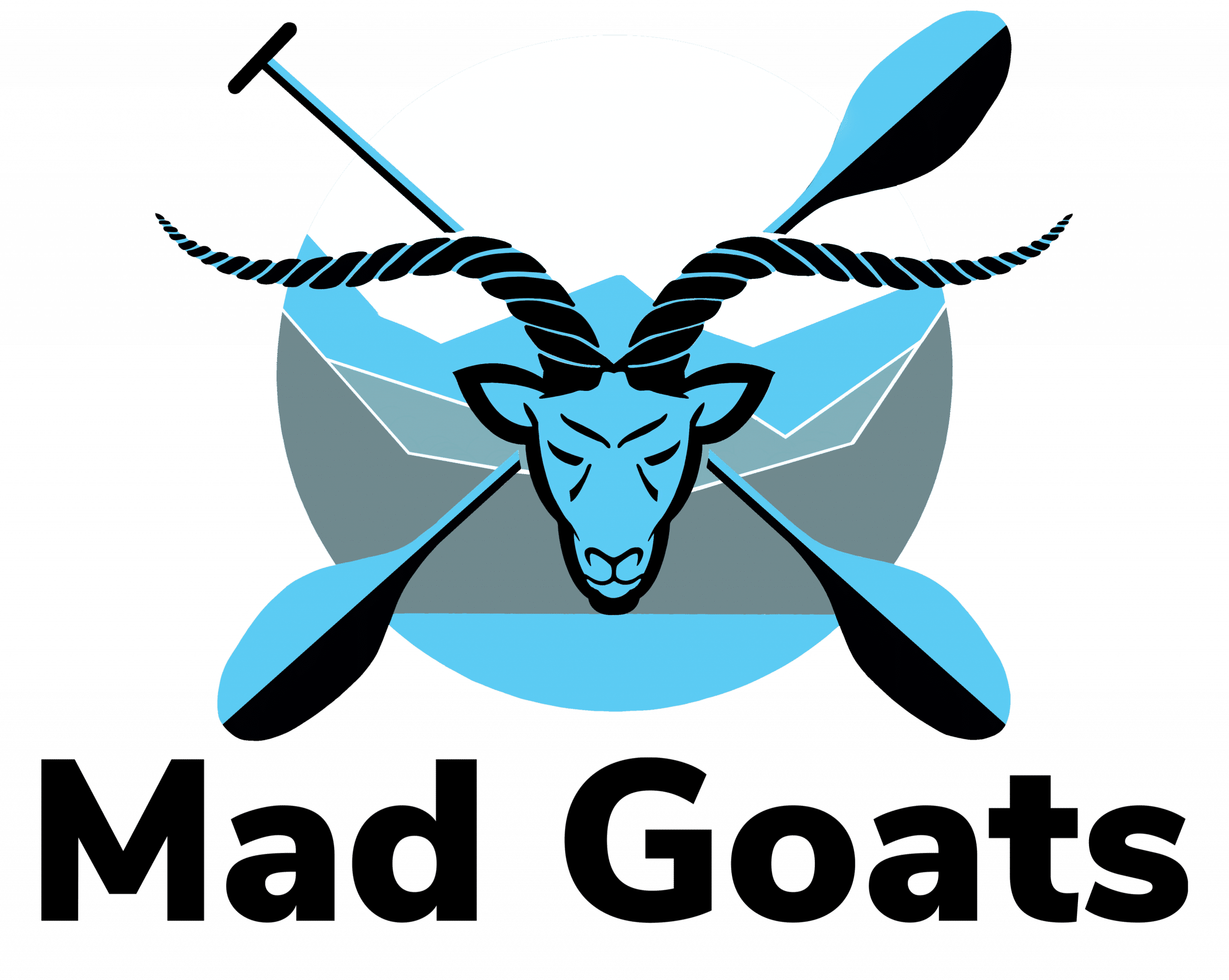 Mad Goats Logo Sauna and Kayaking Oslo Norway, Goat with mountains in background and crisscrossing paddles