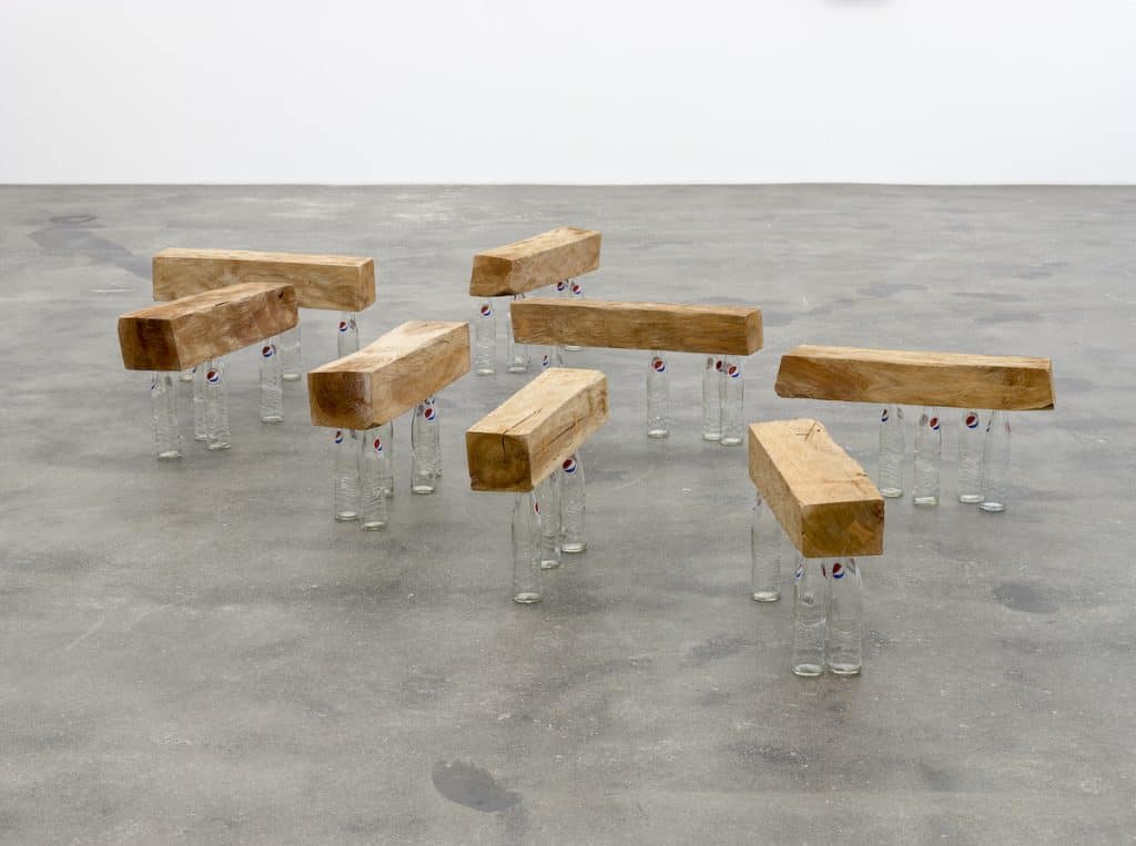 Darío Escobar, Untitled, 2017, Cedar and glass bottles