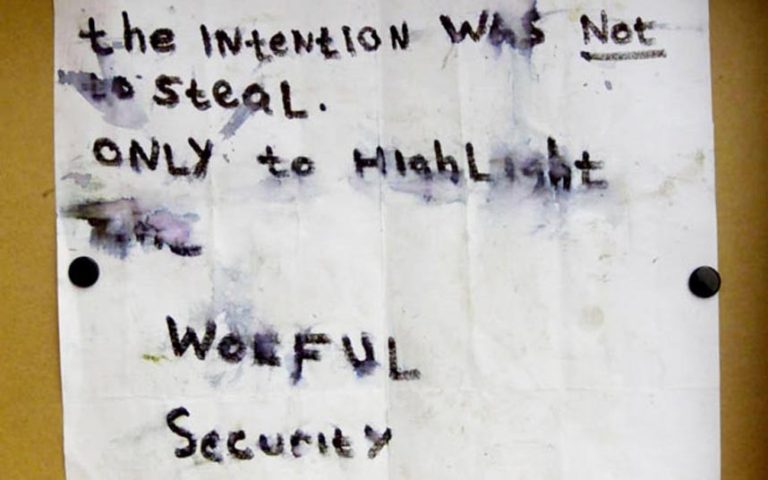 The note left by the thieves after the heist from Whitworth Art Gallery, 2003. 