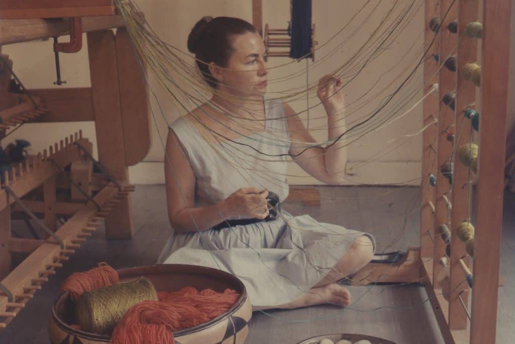 Lenore Tawney weaving in her Coenties Slip studio