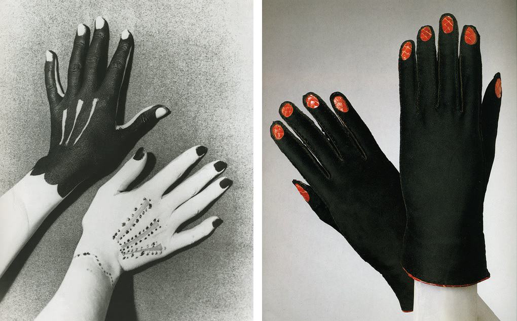 Man Ray, Hands Painted by Picasso (1935) and Trompe l’oeil leather gloves, Schiaparelli Haute Couture (1936–1937)