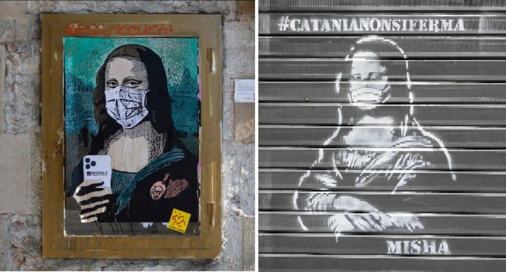 Street art Mona Lisa with face mask
