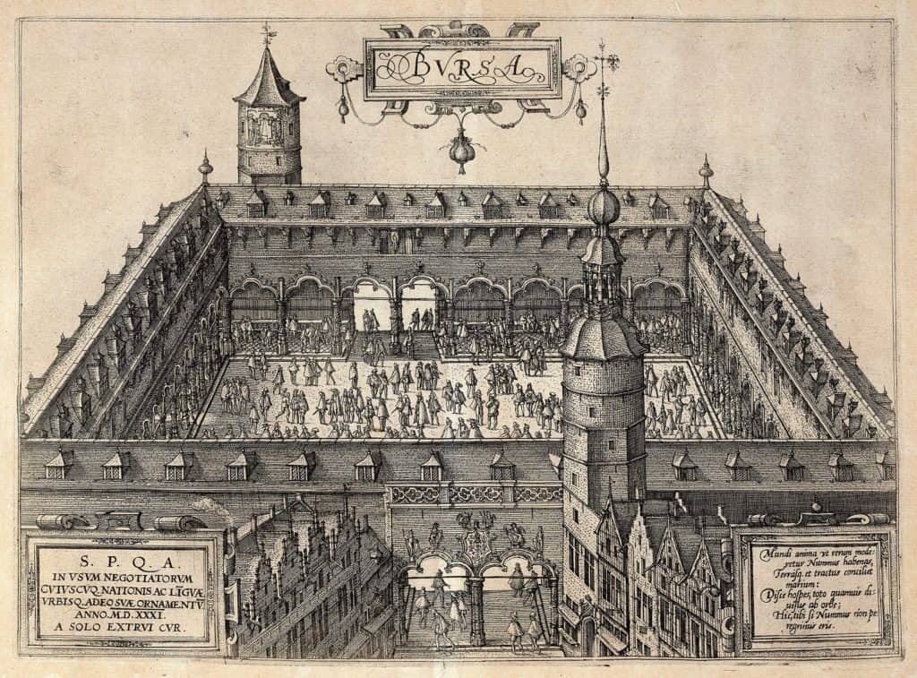 Illustration of a market at the Antwerp's stock exchange in 1531