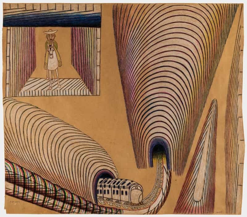 Martín Ramírez. Untitled (Train and Tunnels), 1954
