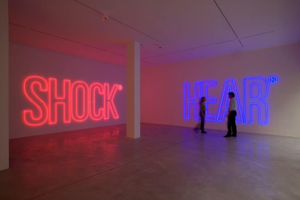 Installation view of Maurizio Nannucci’s solo show “Neon Words”, Galleria Fumagalli, Bergamo, 2005. Photo courtesy Galleria Fumagalli. Annamaria Maggi