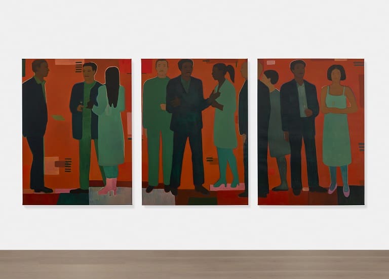 Painting exhibited at Frieze London by Sahara Longe, titled 'Triptych'