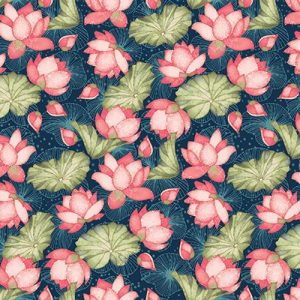 Telas Magomar Patchwork Estampada - colección Koi Garden de Nancy Archer - motivo nenúfares - tono coral y verde - Studioefabrics 100% Algodón Ref. MP 6525-72