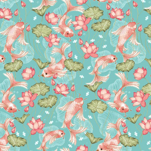 Telas Magomar Patchwork Estampada - colección Koi Garden de Nancy Archer - motivo pez Koi - tono coral en fondo verde agua - Studioefabrics 100% Algodón Ref. MP 6024-72