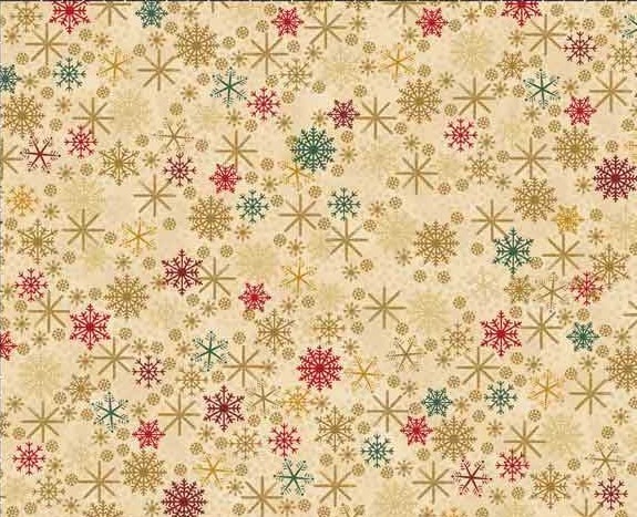 Telas Magomar Patchwork Navidad - colección Star Sprinkle Metalica - copitos de nieve dorados,verde y rojo en fondo crema - Stoffabrics 100% Algodón - Ref.MP4599-204