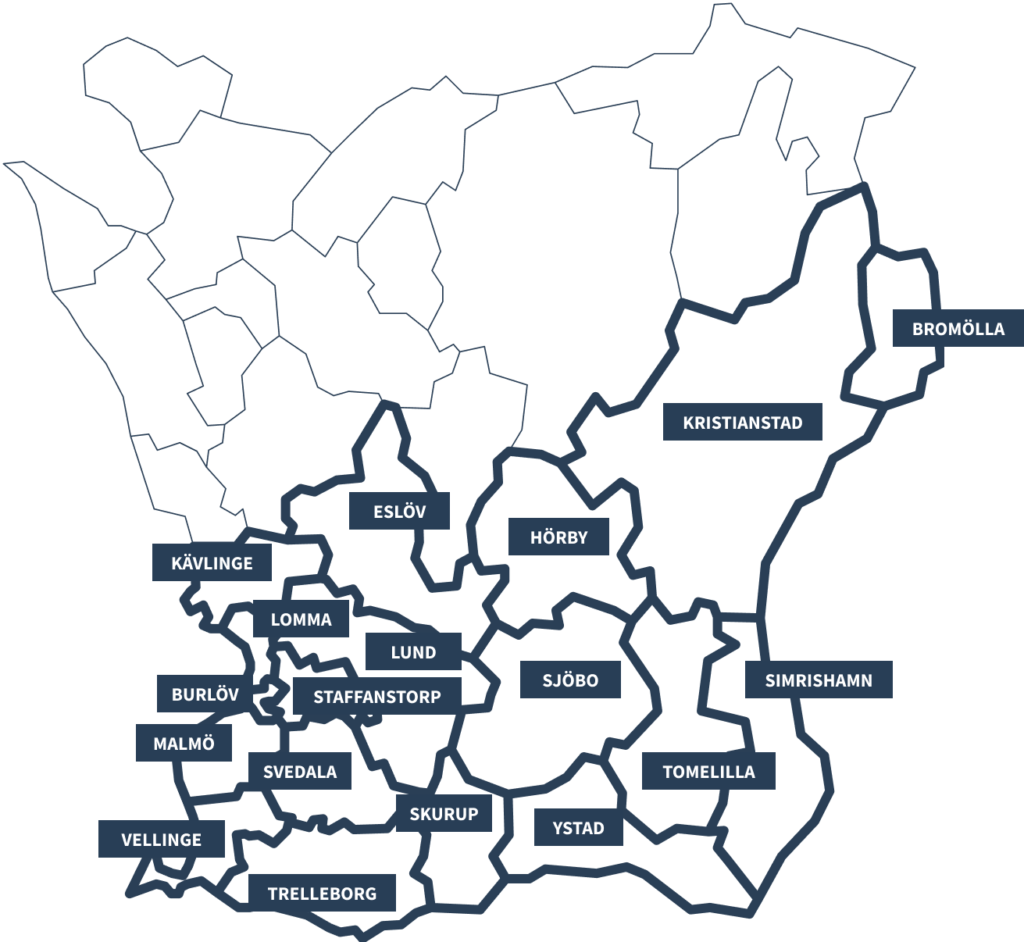 Kommuner i Malmö mot Diskriminerings upptagningsområde är Bromölla, Kristianstad, Hörby, Eslöv, Kävlinge, Lomma, Burlöv, Staffanstorp, Lund, Sjöbo, Tomelilla, Simrishamn, Ystad, Skurup, Trelleborg, Vellinge, Svedala och Malmö.