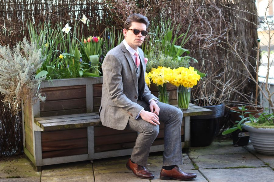 Wedding-Formal-Wear-Robin-James-The-Utter-Gutter-Brown-Dogstooth-Slim-Fit-Suit-Wayfarer-Sunglasses-Tort-Pink-Tie-Brogues