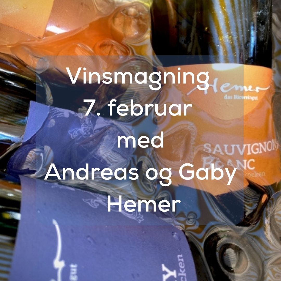 Billedet er af vinflasker i vand og isterninger. Der er skrevet em tekst over flasker hvor der står: Vinsmagning 7. februar med Andreas og Gaby Hemer