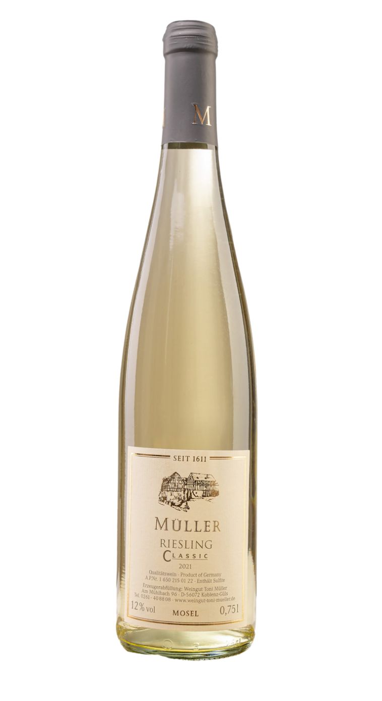 Tysk hvidvin fra vingården Toni Müller i Mosel. Riesling Classic trocken 2021