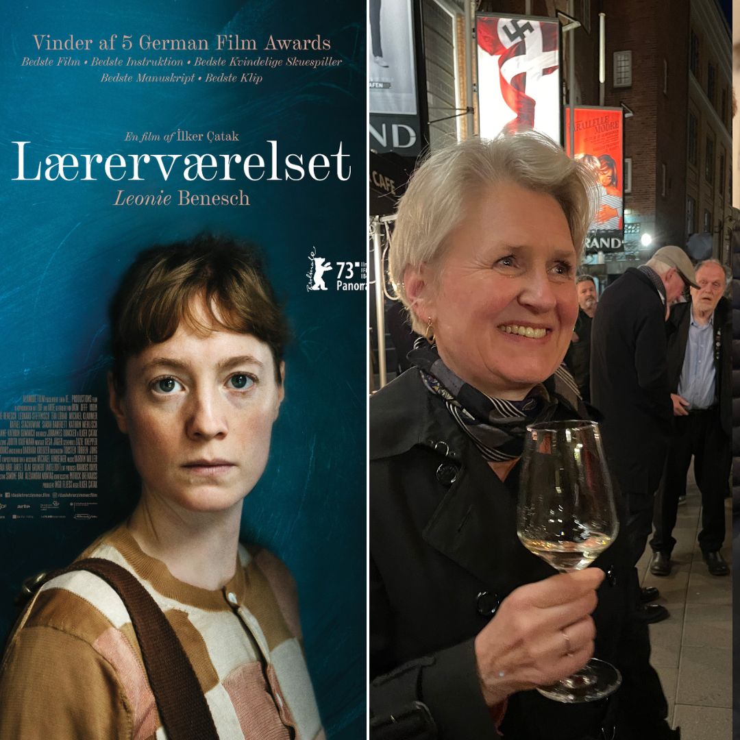 Billedet er opdelt i to og viser i højre side en filmplakat af filmen "Lærerværelset". Det er en tysk film, der har premiere her i år (2023). I højre side ser man Lise fra Manfred & Co stå og smile med et glas hvidvin i hånden ude foran biografen Grand Teatret.