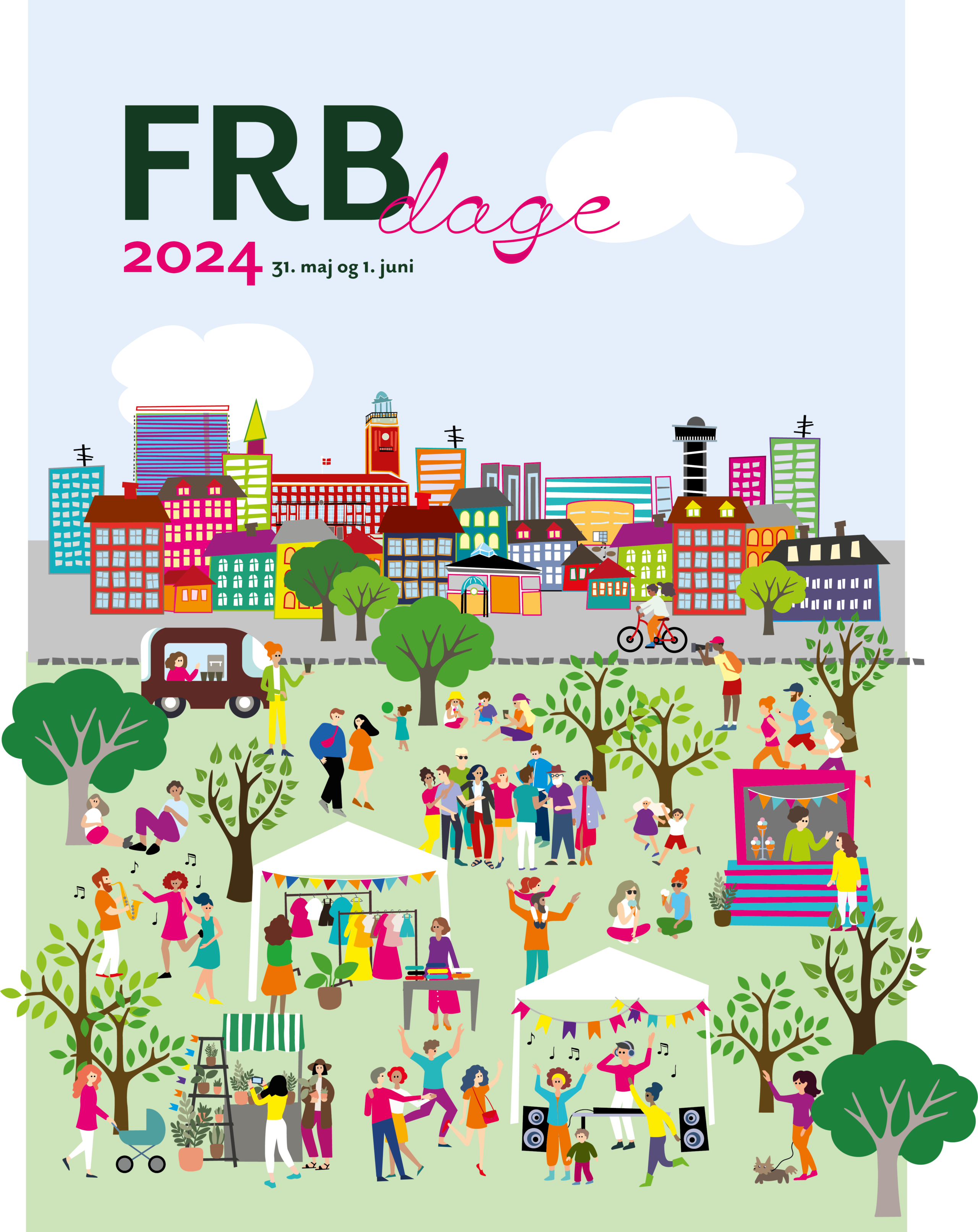 Illustration for FRBDAGE 2024. Illustrationen viser Frederiksberg i en glad forsimplet form. Bydelen står i baggrunden med bygninger og huse. I forgrunden er der grønt med massere af træer og mennesker, der laver forskellige aktiviteter og er glade.