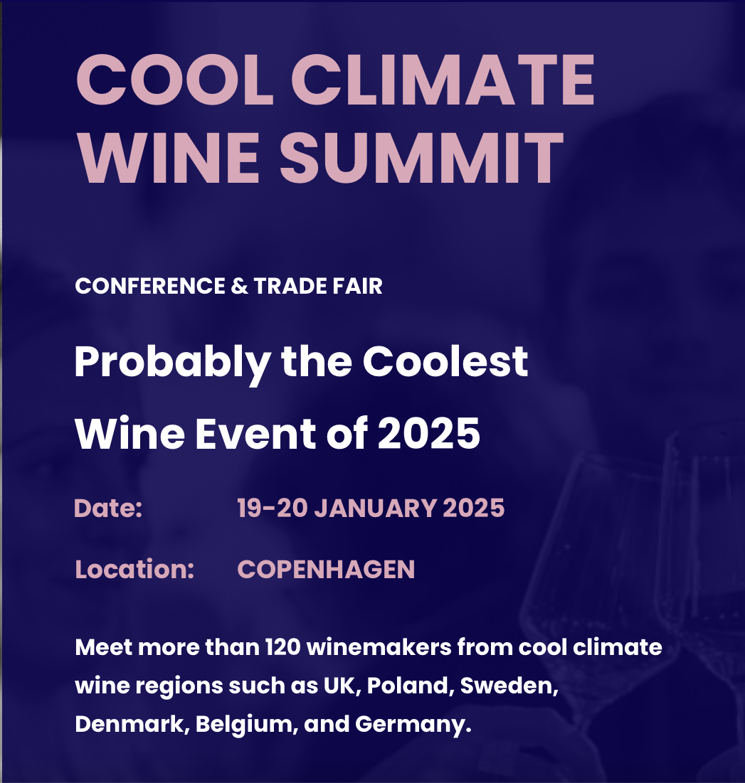 Billede af tekst om Cool Climate Wine Summit til januar I 2025. Teksten beskriver, hvad man kan opleve til eventet. Nok det "coolest" event i 2025.