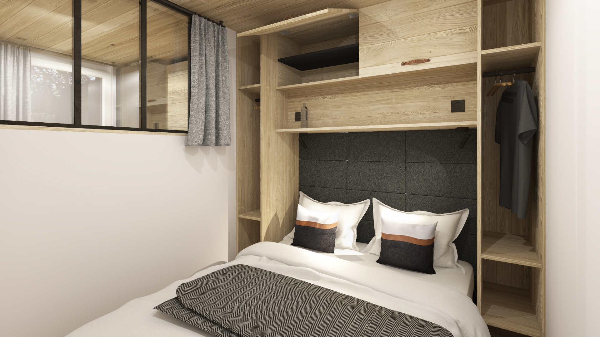 projet grisons visuel 3D modélisation studio montagne optimisé bois noir chambre rangement meubles