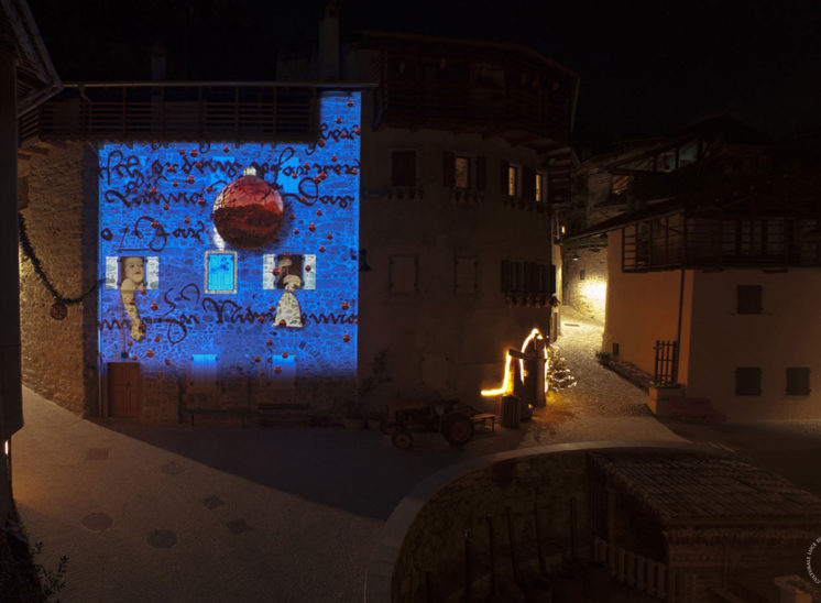 A still frame from the Christmas market projection mapping in Rango, Italy