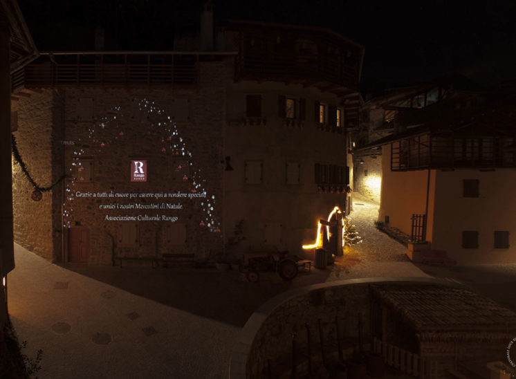 A still frame from the Christmas market projection mapping in Rango, Italy