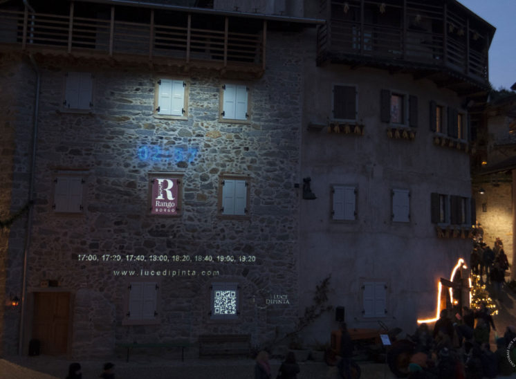 A still frame from the Christmas market projection mapping in Rango, Italy