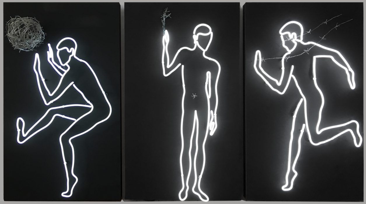 Mariana Vassileva 2015 barbed wire and light installation barbed wire and neon 250x120cm