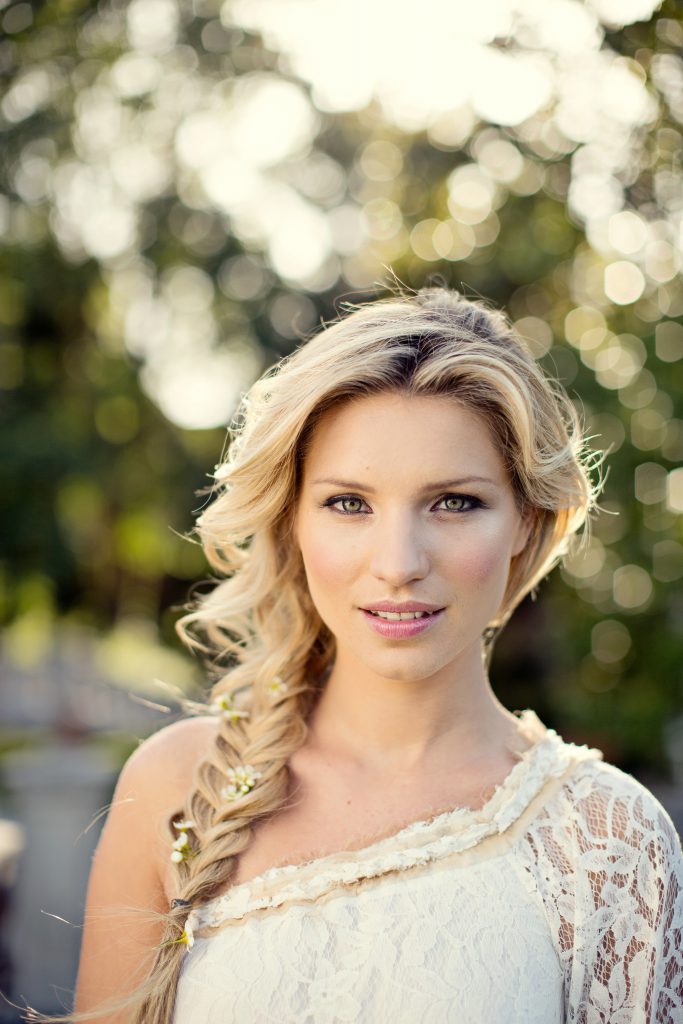 Tessa Maye. Floral hair with Hepburn Collection hair, Fairynuff Flowers blooms, Minna gown and Marianne Taylor photography.