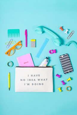 I don't know what I'm doing pouch by Alphabet Bags. Colourful product photography by Marianne Taylor.