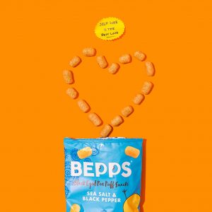 Colourful product photography and content creation for Bepps vegan snacks by Marianne Taylor.