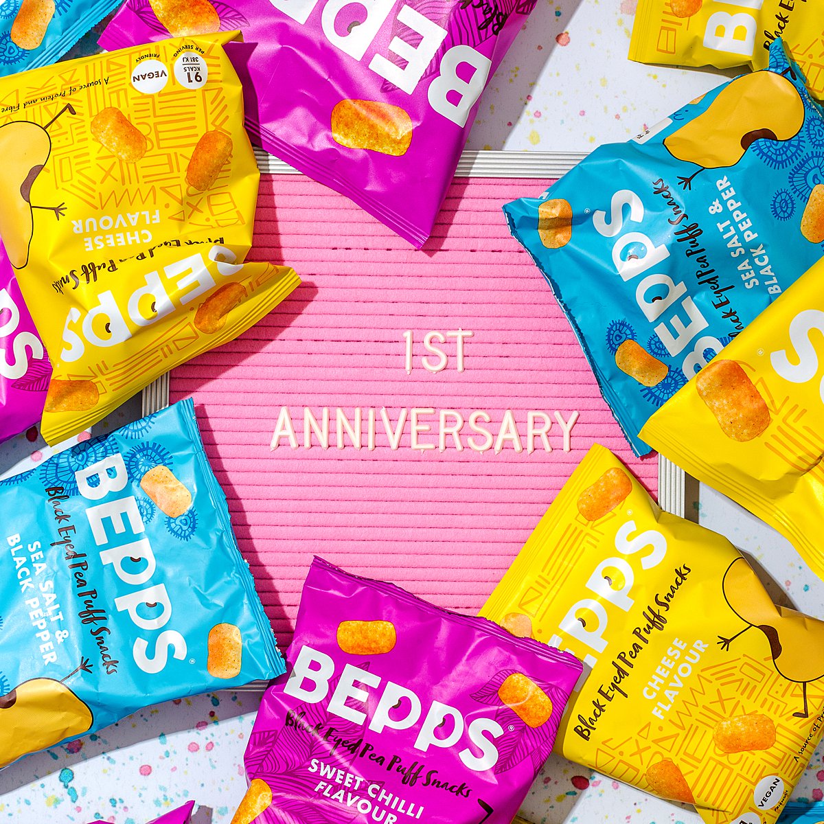 Colourful content creation for Bepps vegan snacks. Styled stills and lifestyle product photography by Marianne Taylor.