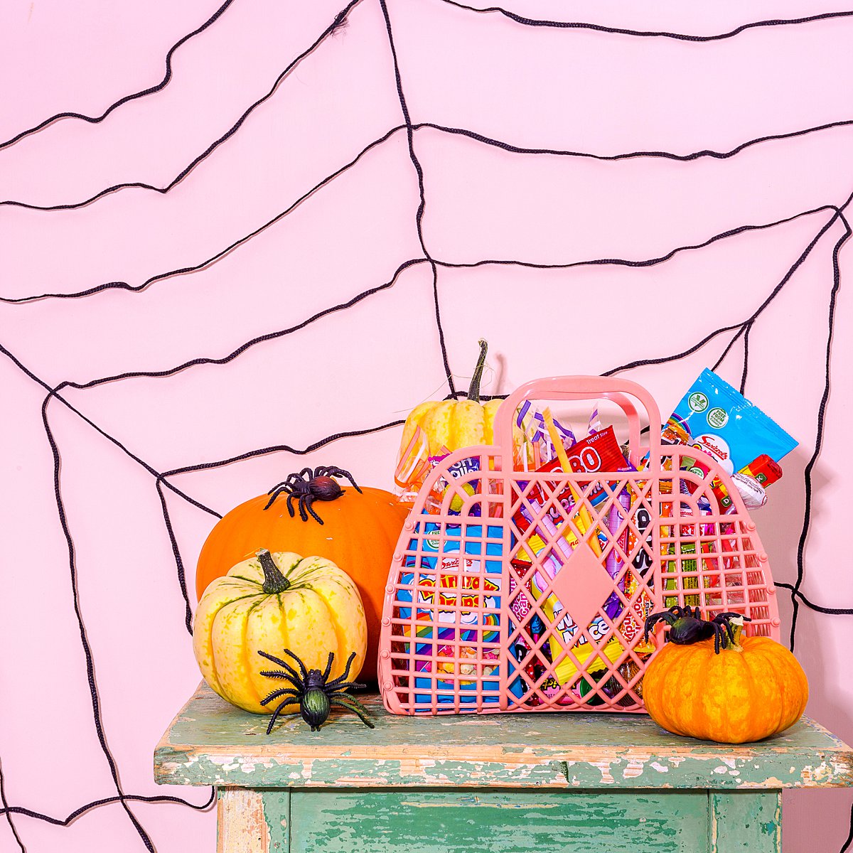 Colourful Halloween content creation for Sun Jellies retro bags. Styled product photography by Marianne Taylor