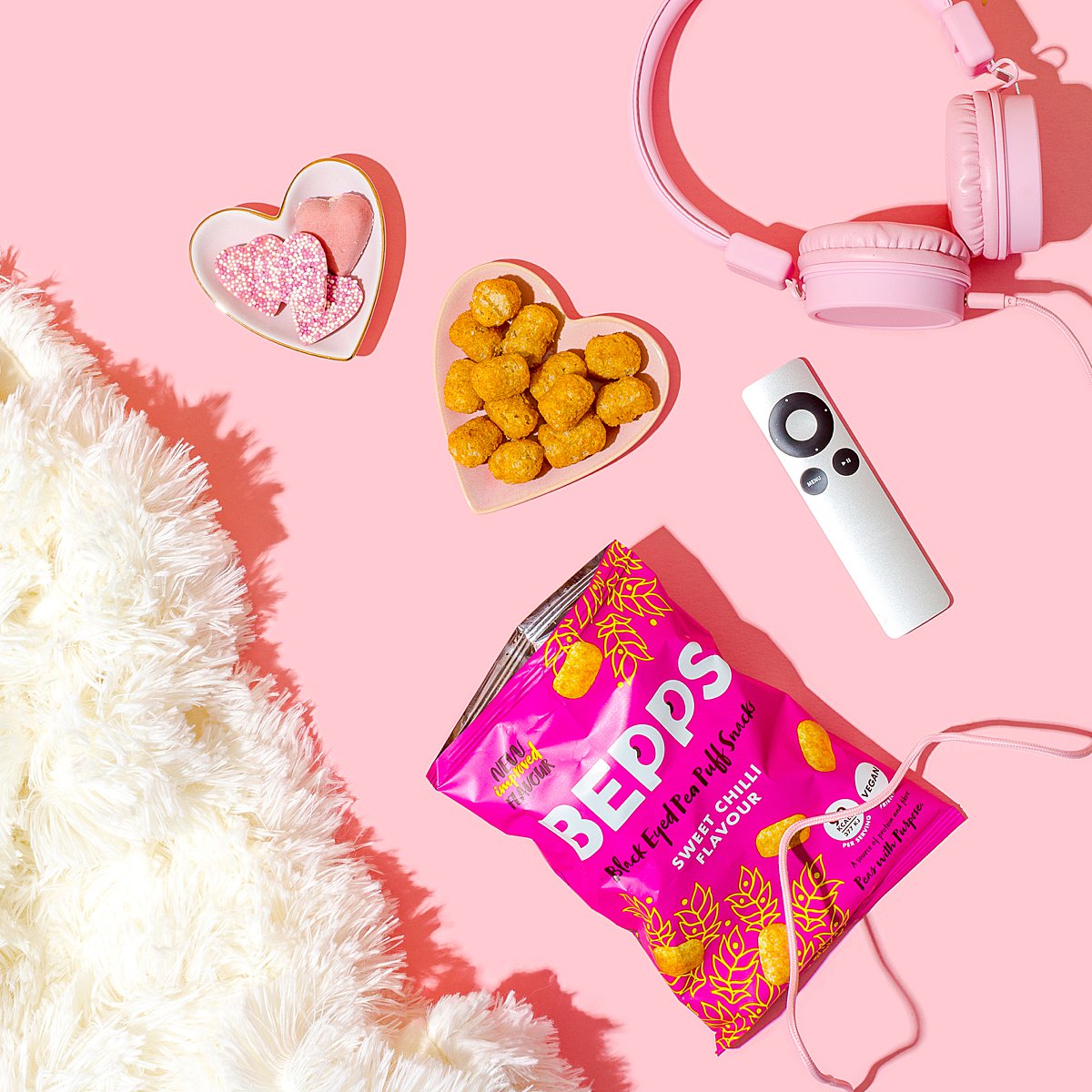 Colourful content creation for Bepps vegan snacks. Styled product stills and lifestyle photography by Marianne Taylor.