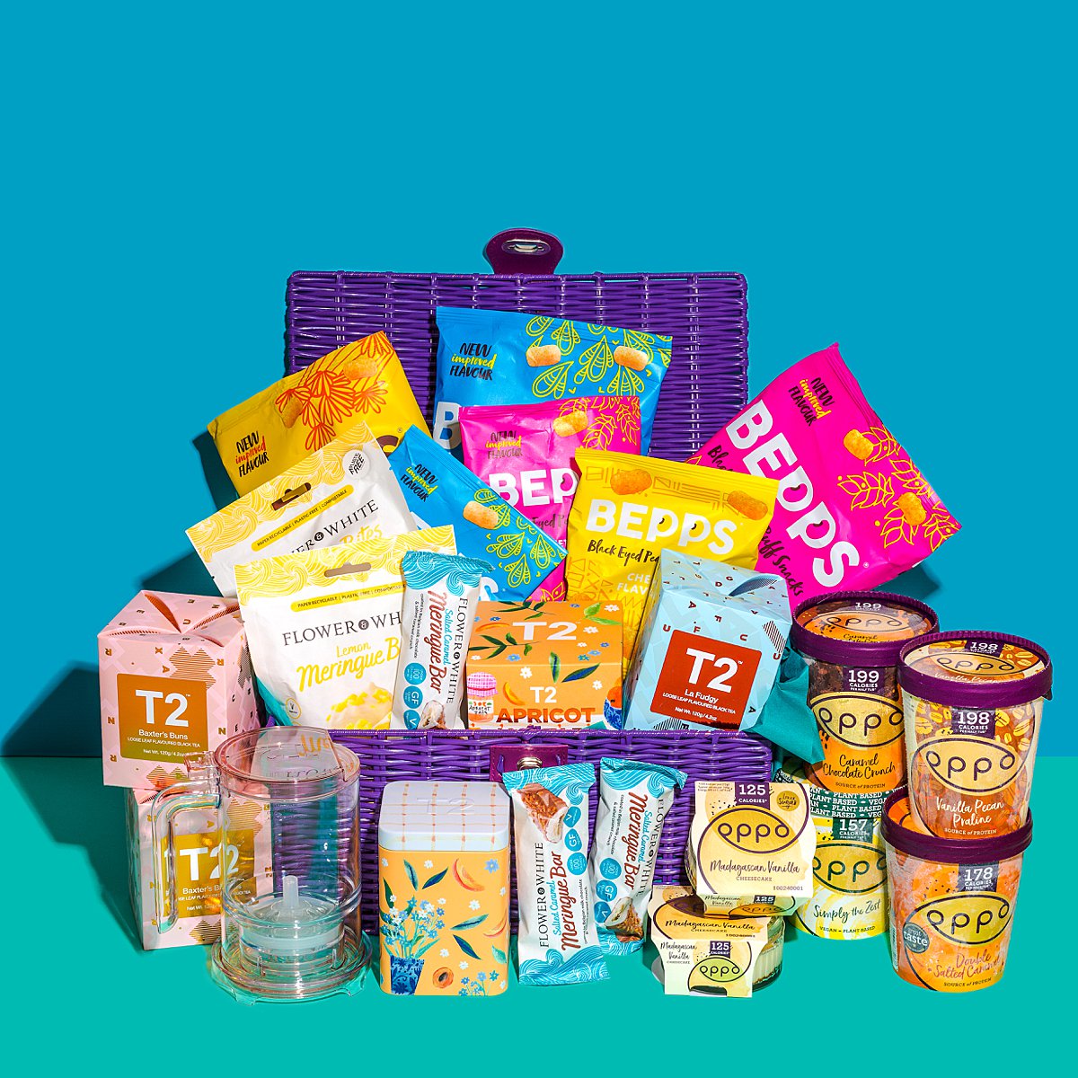 Colourful content creation for Bepps vegan snacks. Styled product stills and lifestyle photography by Marianne Taylor.