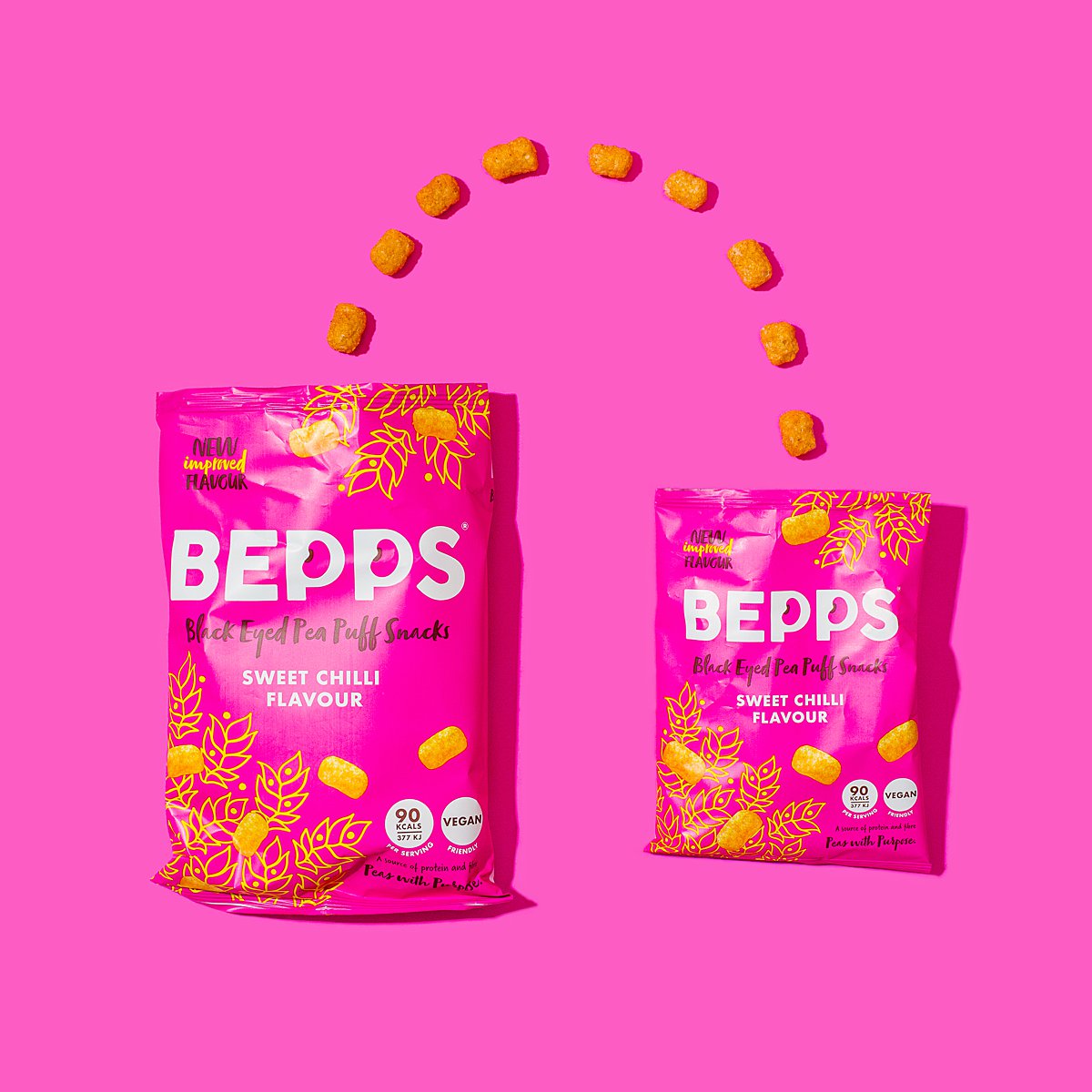 Colourful content creation for Bepps vegan snacks. Styled product stills and lifestyle photography by Marianne Taylor.