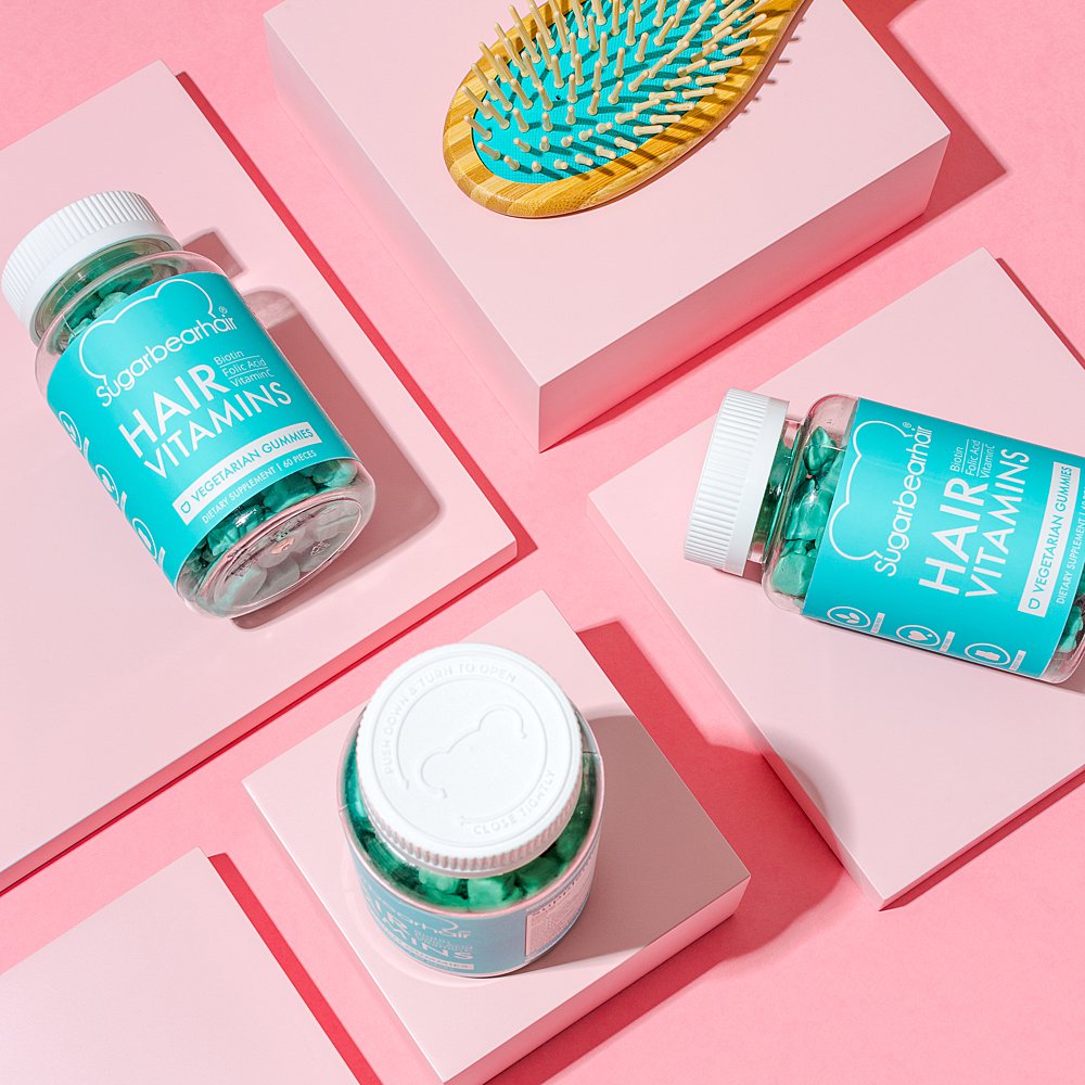 Colour-filled beauty product content creation for Sugarbearhair vitamins. Styled health product stills photography by Marianne Taylor.