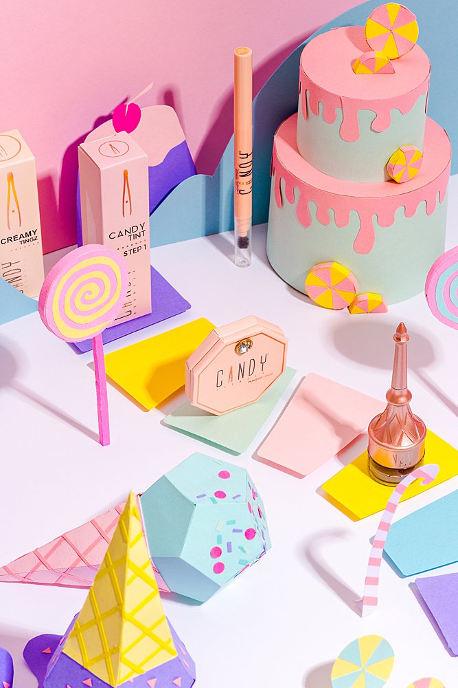 Candyland product still life photography & stop motion animation for Candy Brow Bar beauty products. Product photography & styling by Marianne Taylor.