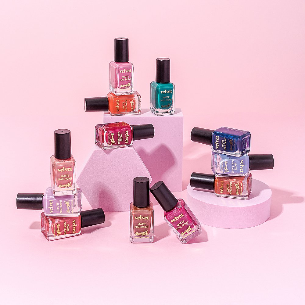 Beauty stills content creation for Barry M cosmetics with lots of colour. Styled makeup and cosmetics product stills photography by Marianne Taylor.