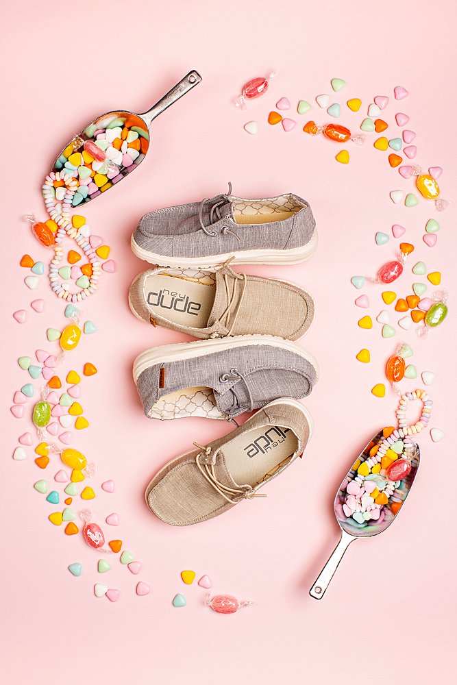 Fun product photography for Hey Dude Shoes. Styled product stills photography by Marianne Taylor.