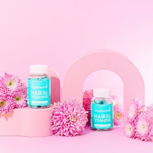 Beauty stills content creation for SugarBearHair hair and sleep vitamins in pastel tones. Styled health product stills photography by Marianne Taylor.