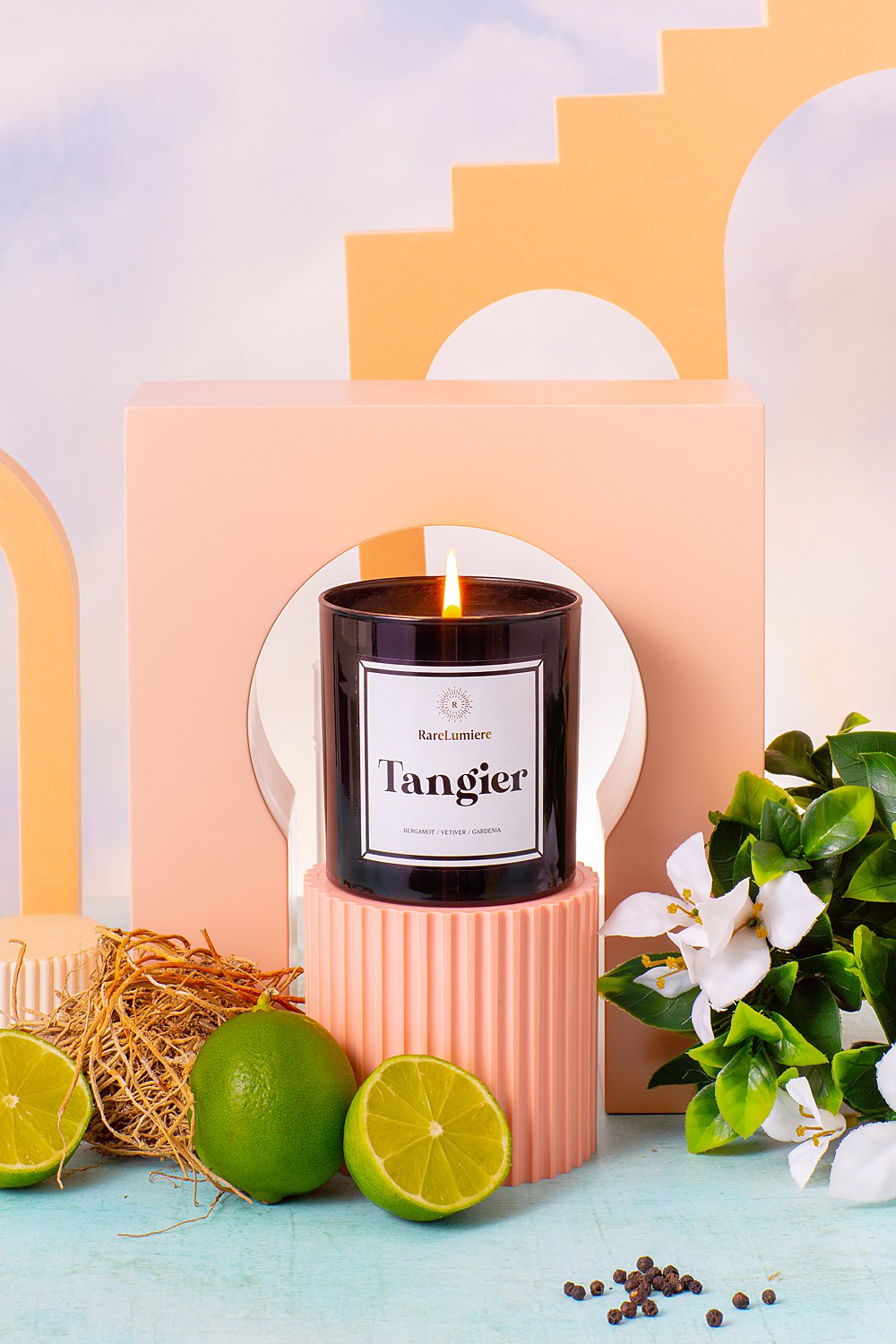 Colourful pretty content creation for Rare Lumiere candles. Styled beauty product stills photography by Marianne Taylor.