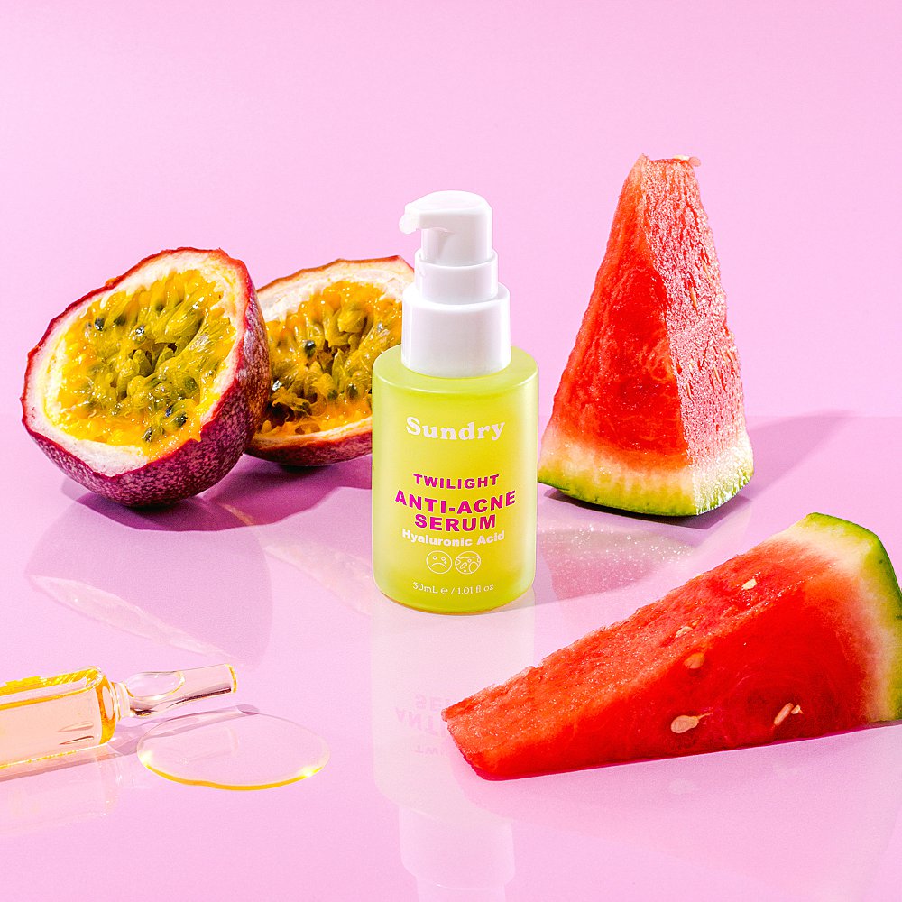 Beauty stills content creation for Sundry Skincare with bright colours. Styled health and beauty product stills photography by Marianne Taylor.