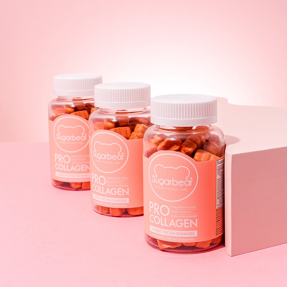 Pastel coloured beauty product content creation for Sugarbearhair vitamins. Styled health product stills photography by Marianne Taylor.